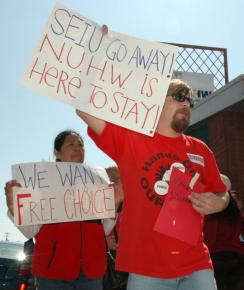 Home care workers rally outside SEIU offices in Fresno in March